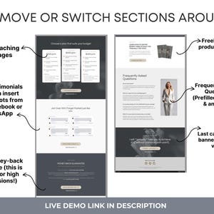 Puede incluir: Una captura de pantalla de un sitio web que muestra una p&aacute;gina de destino con secciones para paquetes de coaching, testimonios, preguntas frecuentes y una llamada a la acci&oacute;n. La p&aacute;gina est&aacute; dise&ntilde;ada para convertir a los visitantes en clientes.
