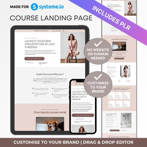 Pode incluir: Um modelo de página de destino rosa e branco para um curso sobre o lançamento de um novo negócio. A página inclui um título, uma descrição, uma chamada para ação e um testemunho. O modelo é personalizável e pode ser usado para promover qualquer tipo de curso.