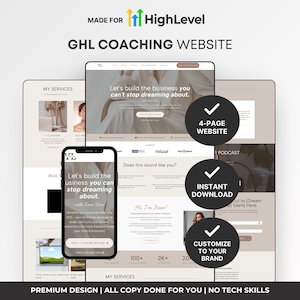May include: A digital mockup of a website design for GHL Coaching, displayed on a tablet, phone, and laptop. The design features a neutral color palette with the text "Let's build the business you can't stop dreaming about." Additional text includes "4-page website," "instant download," and "customize to your brand."