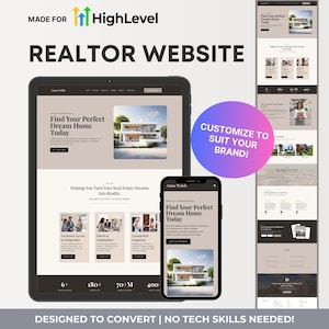 Può includere: Un mockup di un design di sito web per agenti immobiliari con il testo "Trova la tua casa da sogno perfetta oggi" e "Ti aiutiamo a trasformare i tuoi sogni immobiliari in realtà". Il design del sito web è personalizzabile per adattarsi al tuo marchio. Il sito web è progettato per convertire e non sono necessarie competenze tecniche.