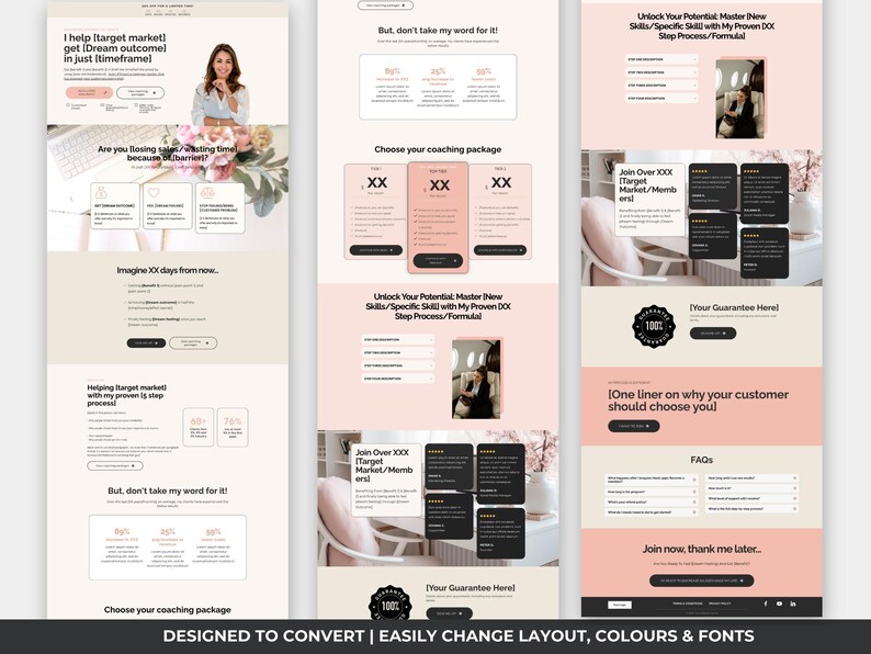Systeme.io coaching website template, life coach single page website, services funnel template, pink neutral coach template, done for you coaching funnel, wellness coach website Systeme.io, service provider website template, life coach sales page instant download, coaching funnel free plan, CRO designed coaching website template