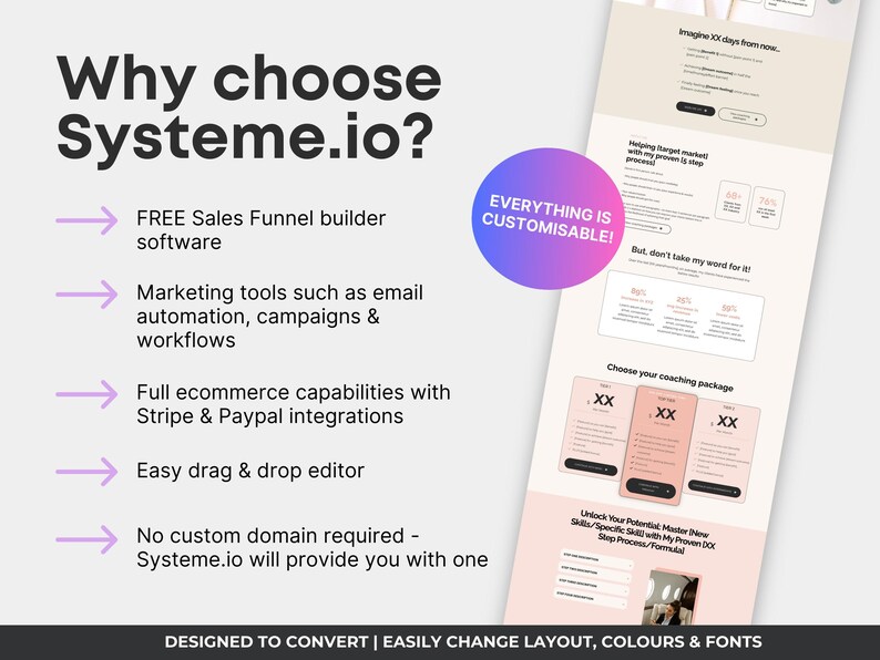 Systeme.io coaching website template, life coach single page website, services funnel template, pink neutral coach template, done for you coaching funnel, wellness coach website Systeme.io, service provider website template, life coach sales page instant download, coaching funnel free plan, CRO designed coaching website template