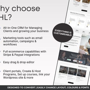 K&ouml;nnte beinhalten: Ein Website-Design mit dem Text "Why choose GHL?" und einer Liste von Funktionen, darunter CRM, Marketing-Tools und E-Commerce-Funktionen. Das Design enth&auml;lt auch Kundenreferenzen und kommende Veranstaltungen.