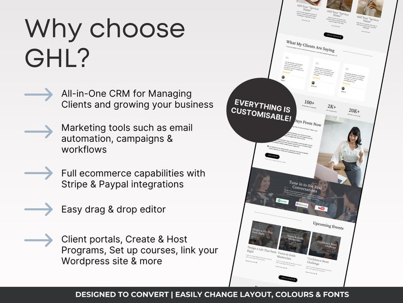 K&ouml;nnte beinhalten: Ein Website-Design mit dem Text "Why choose GHL?" und einer Liste von Funktionen, darunter CRM, Marketing-Tools und E-Commerce-Funktionen. Das Design enth&auml;lt auch Kundenreferenzen und kommende Veranstaltungen.