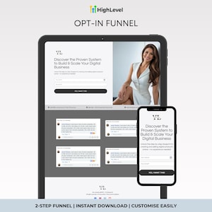 Könnte beinhalten: Ein digitales Marketing-Opt-in-Funnel, der auf einem Tablet und Smartphone angezeigt wird. Das Tablet zeigt eine Website mit einer Frau und dem Text "Discover the Proven System to Build & Scale Your Digital Business". Das Smartphone zeigt denselben Text an. Das Bild enthält auch den Text "2-STEP FUNNEL | INSTANT DOWNLOAD | CUSTOMISE EASILY".
