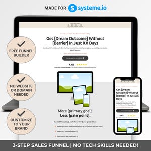 May include: A digital marketing concept displayed on a laptop, tablet, and smartphone. The screen shows a sales funnel with the text "Get [Dream Outcome] Without [Barrier] In Just XX Days." Additional text includes "Free Funnel Builder" and "No Website or Domain Needed."