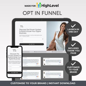 Może przedstawiać: Projekt lejka opt-in marketingu cyfrowego wyświetlany na tablecie i smartfonie. Projekt zawiera tekst "OPT IN FUNNEL", "Discover the Proven System to Build & Scale Your Digital Business" i "LAUNCH IN ONE DAY".