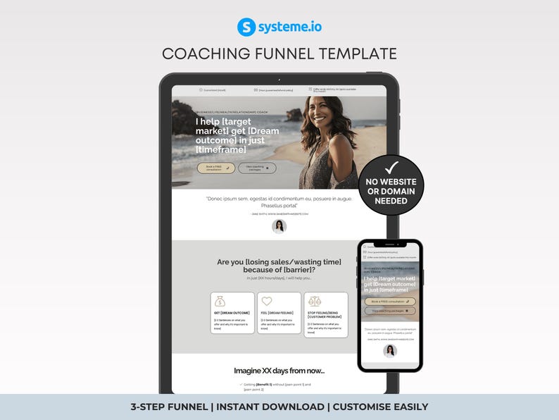 Coaching sales funnel template Systeme.io, neutral grey coach sales page, minimalist coaching template, business coach funnel Systeme.io, consultant landing page, mentor service funnel, therapist sales funnel, modern coach website template, premium grey coaching template, done for you coaching funnel, CRO designed coach sales page, service based business funnel Systeme.io, coach lead form template