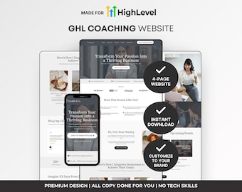 Könnte beinhalten: Ein digitales Mockup eines Website-Designs, das ein Tablet, ein Telefon und einen Computerbildschirm zeigt. Die Bildschirme zeigen Website-Inhalte mit dem Text "Verwandeln Sie Ihre Leidenschaft in ein florierendes Geschäft". Das Bild enthält den Text "4-SEITEN-WEBSITE", "SOFORT-DOWNLOAD" und "PASSEN SIE IHRE MARKE AN".