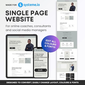 Könnte beinhalten: Eine digitale Marketinggrafik, die ein Single-Page-Website-Design bewirbt. Das Bild zeigt ein Tablet und ein Smartphone, die Website-Mockups anzeigen, zusammen mit einem vollständigen Website-Layout. Der Text enthält "EDIT ALL COLOURS & FONTS!" und "DESIGNED TO CONVERT".
