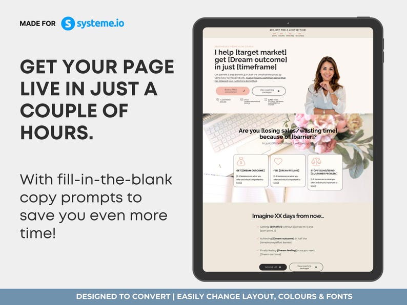 Systeme.io coaching website template, life coach single page website, services funnel template, pink neutral coach template, done for you coaching funnel, wellness coach website Systeme.io, service provider website template, life coach sales page instant download, coaching funnel free plan, CRO designed coaching website template