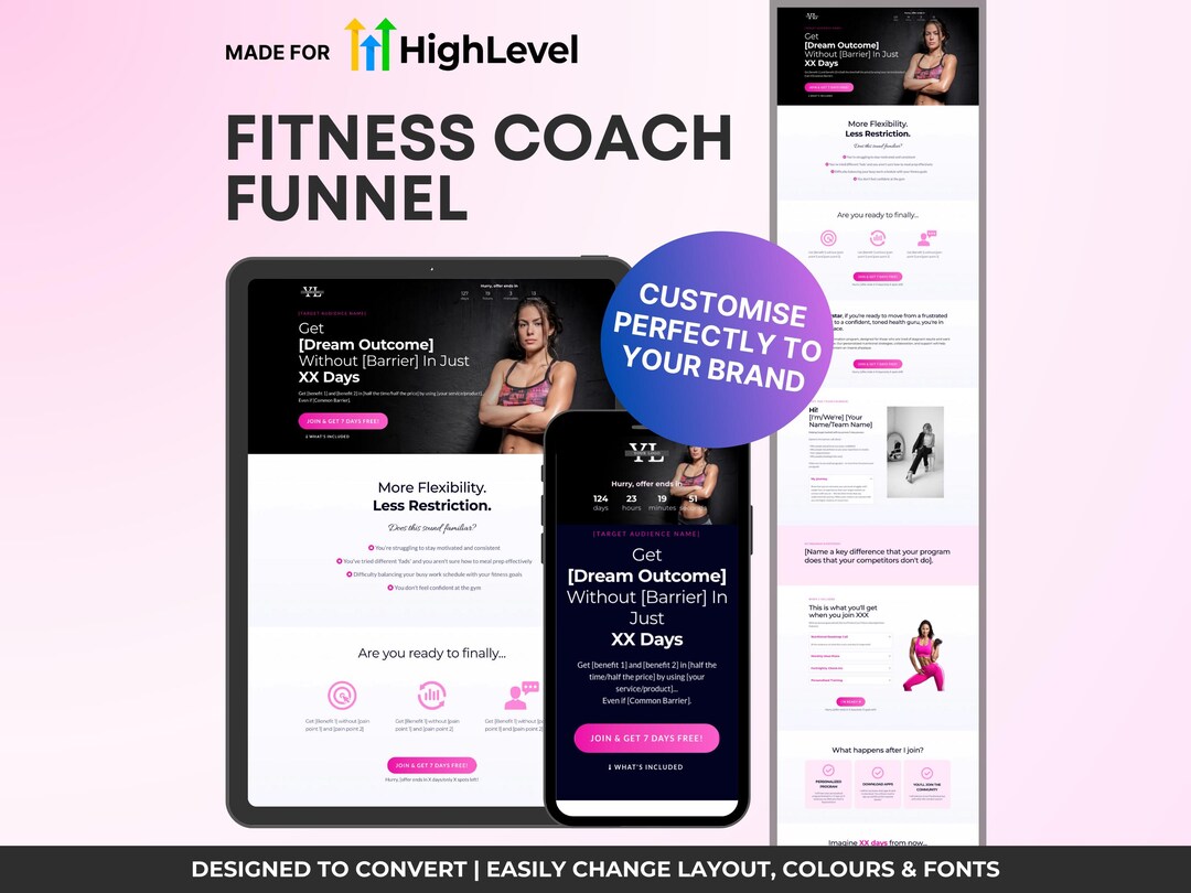 Fitness Sales Funnel Template for GHL, Pink Website Template With