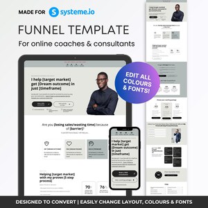 Systeme.io funnel template for online coaches, consultants and service businesses, featuring a premium done for you coaching sales funnel with editable colours, fonts and layouts, responsive desktop and mobile design, and a modern neutral aesthetic.