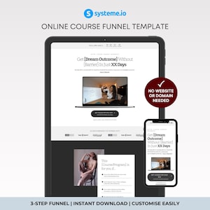 Op de afbeelding: Een digitale marketingafbeelding met een tablet en smartphone die een online cursus funnel template weergeven. De tekst bevat "Online Course Funnel Template", "Get [Dream Outcome] Without [Barrier] In Just XX Days" en "3-Step Funnel | Instant Download | Customize Easily."