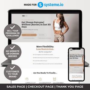 May include: A laptop and a mobile phone display a website with the text "Get [Dream Outcome] Without [Barrier] In Just XX Days". The website is for selling a program or challenge. The website also includes the text "More Flexibility. Less Restriction."