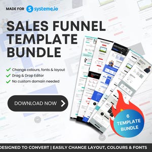 Puede incluir: Un gráfico con el texto "Sales Funnel Template Bundle" y un gráfico de llama roja con el texto "6 Template Bundle". El gráfico también incluye una lista de características: "Change colours, fonts & layout", "Drag & Drop Editor" y "No custom domain needed". El gráfico está diseñado para convertir y cambiar fácilmente el diseño, los colores y las fuentes.