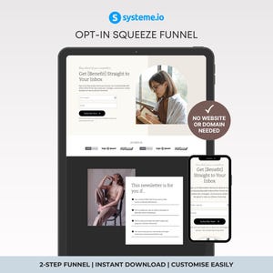 May include: A digital marketing concept displayed on a tablet and smartphone. The tablet shows a webpage with the text "Get [Benefit] Straight to Your Inbox." The smartphone displays a similar page. The image also includes the text "2-STEP FUNNEL | INSTANT DOWNLOAD | CUSTOMISE EASILY."