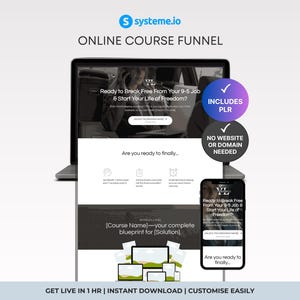 May include: A laptop, smartphone, and various digital devices display a website interface with the text "ONLINE COURSE FUNNEL." The design includes the text "Ready to Break Free From Your 9-5 Job & Start Your Life of Freedom?" and "INCLUDES PLR."