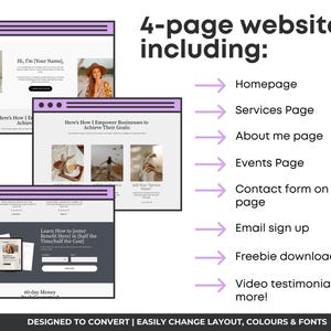 K&ouml;nnte beinhalten: Grafikdesign f&uuml;r eine Website, die vier Layouts von Webseiten mit einem lila und wei&szlig;en Farbschema zeigt. Der Text enth&auml;lt "4-page website including: Homepage, Services Page, About me page, Events Page, Contact form on each page, Email sign up, Freebie download, Video testimonials & more!"
