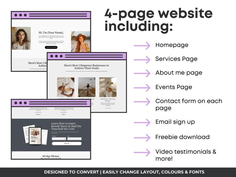 K&ouml;nnte beinhalten: Grafikdesign f&uuml;r eine Website, die vier Layouts von Webseiten mit einem lila und wei&szlig;en Farbschema zeigt. Der Text enth&auml;lt "4-page website including: Homepage, Services Page, About me page, Events Page, Contact form on each page, Email sign up, Freebie download, Video testimonials & more!"