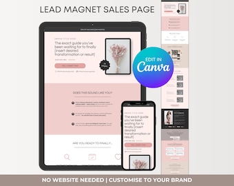 Pink Sales Page Canva Template, Lead Magnet Website (Instant Download!)