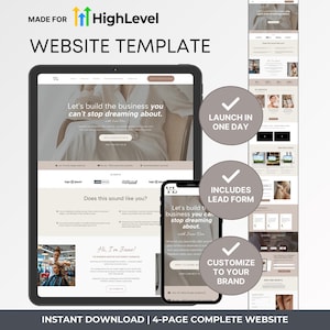 May include: A website template displayed on a tablet and smartphone, showcasing a modern design with the text "Let's build the business you can't stop dreaming about." Features include lead form and brand customization. The image also includes the text "Instant Download | 4-page complete website."
