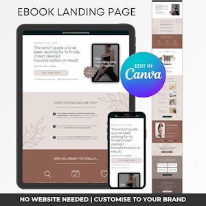 May include: A mockup of a landing page for an ebook. The page features a brown and white colour scheme with a floral design. The text on the page reads "Ebook Landing Page", "The exact guide you've been waiting for to finally [insert desired transformation or result]" and "Does this sound like you?" The page also includes a call to action button that says "Yes! I want this".