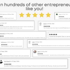 May include: Image featuring customer reviews with five-star ratings and testimonials. The text reads "Join hundreds of other entrepreneurs like you!" Reviews highlight ease of use, aesthetics, and helpfulness. The overall theme is positive feedback for a digital product.
