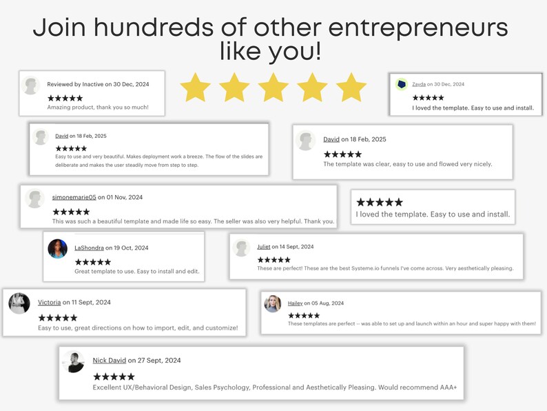 May include: Image featuring customer reviews with five-star ratings and testimonials. The text reads "Join hundreds of other entrepreneurs like you!" Reviews highlight ease of use, aesthetics, and helpfulness. The overall theme is positive feedback for a digital product.