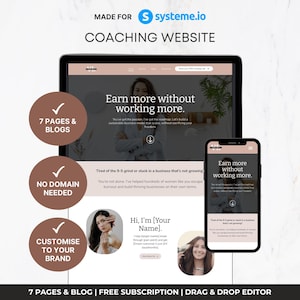 Coaching Website Template Systeme.io | 7 Page Coach Website + Blog | Life Business Wellness Coach Website for Systemeio | Instant Download!