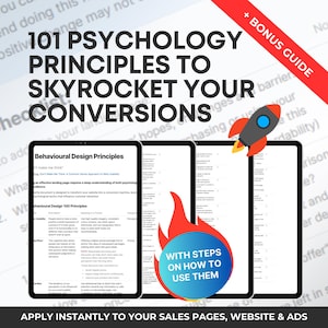 Op de afbeelding: Een rode, witte en blauwe afbeelding met de tekst "101 Psychologieprincipes om uw conversies te laten exploderen". De afbeelding toont drie pagina's met lijsten van principes en een raket. De tekst "Met stappen over hoe ze te gebruiken" is ook inbegrepen.