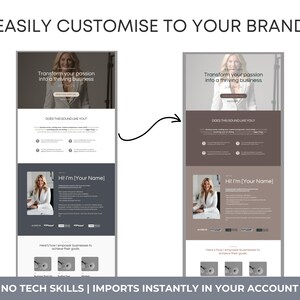 Puede incluir: Una captura de pantalla de una plantilla de sitio web que muestra dos esquemas de color diferentes. La plantilla de sitio web es para un entrenador o consultor de negocios. El texto en el sitio web dice "Transforma tu pasi&oacute;n en un negocio pr&oacute;spero." y "&iquest;Te suena esto a ti?" El sitio web tambi&eacute;n incluye un bot&oacute;n de llamada a la acci&oacute;n que dice "Comenzar".