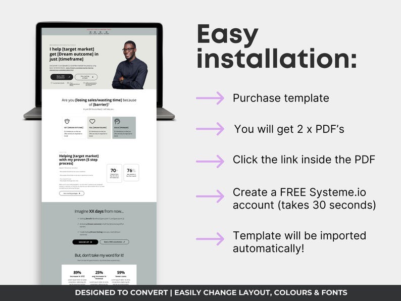 Single Page Website Template for Business Coaching Services, Systeme.io Sales Page Template, Coach Site Template, Grey Website Design