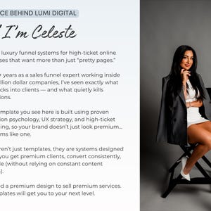 May include: A woman in a white dress and gray blazer sits on a black chair, with white heels. The text reads "THE FACE BEHIND LUMI DIGITAL" and "Hi! I'm Celeste". The image has a gray background.