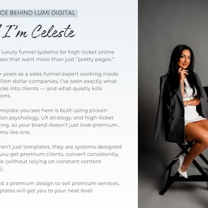 May include: A woman in a white dress and grey blazer sits on a black chair, wearing white heels. The image includes the text "THE FACE BEHIND LUMI DIGITAL" and "Hi! I'm Celeste". The background is a plain grey.