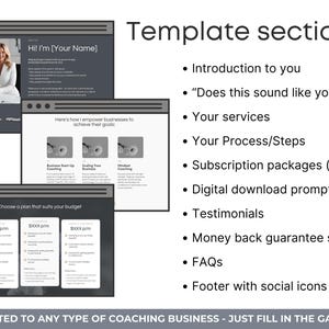 Puede incluir: Una plantilla de sitio web para empresas de coaching. La plantilla incluye secciones para una introducci&oacute;n, servicios, precios, testimonios y una garant&iacute;a de devoluci&oacute;n de dinero. El texto "Hi! I'm [Your Name]" est&aacute; en la parte superior de la p&aacute;gina.
