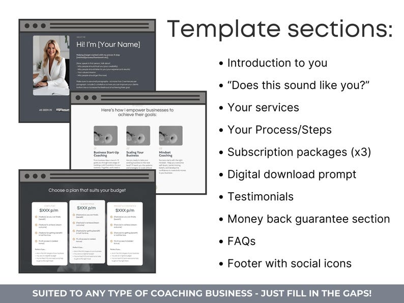 Puede incluir: Una plantilla de sitio web para empresas de coaching. La plantilla incluye secciones para una introducci&oacute;n, servicios, precios, testimonios y una garant&iacute;a de devoluci&oacute;n de dinero. El texto "Hi! I'm [Your Name]" est&aacute; en la parte superior de la p&aacute;gina.