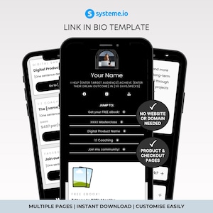 May include: Three black smartphones displaying a "Link in Bio Template" with white text and graphics. The template includes sections for a name, a call to action, and links to digital products. The image also includes the text "Multiple Pages | Instant Download | Customize Easily."