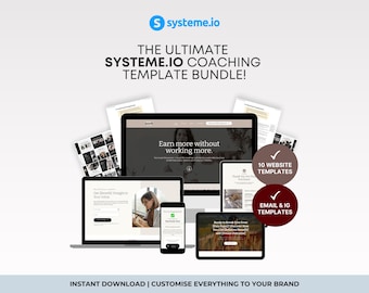 May include: A digital marketing template bundle with the text "SYSTEME.IO COACHING TEMPLATE BUNDLE!" displayed on various devices, including a laptop, tablet, and smartphone. The image also includes the text "Earn more without working more."
