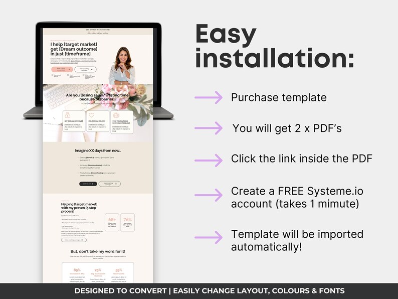 Systeme.io coaching website template, life coach single page website, services funnel template, pink neutral coach template, done for you coaching funnel, wellness coach website Systeme.io, service provider website template, life coach sales page instant download, coaching funnel free plan, CRO designed coaching website template
