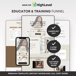 May include: A digital marketing template for educators and trainers. The design features a smartphone, tablet, and laptop displaying the template's features. Text includes "X Days to build your dream industry biz, even if you have no experience." and "Launch in 1 Day."