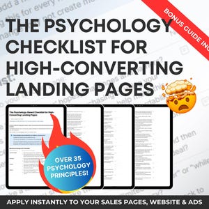 May include: A checklist titled "The Psychology Checklist for High-Converting Landing Pages" with a red and orange flame graphic. The checklist contains over 35 psychology principles to help improve landing page conversion rates. The checklist is available as a downloadable guide.
