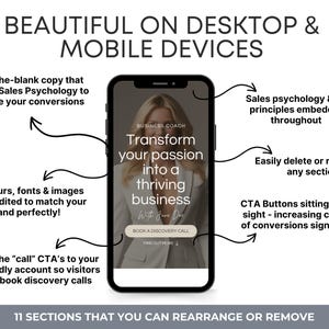 Puede incluir: Una maqueta de pantalla de tel&eacute;fono m&oacute;vil que muestra una plantilla de sitio web para un entrenador de negocios. La plantilla presenta una foto de una mujer, el texto "Transforma tu pasi&oacute;n en un negocio pr&oacute;spero" y un bot&oacute;n que dice "Reservar una llamada de descubrimiento".