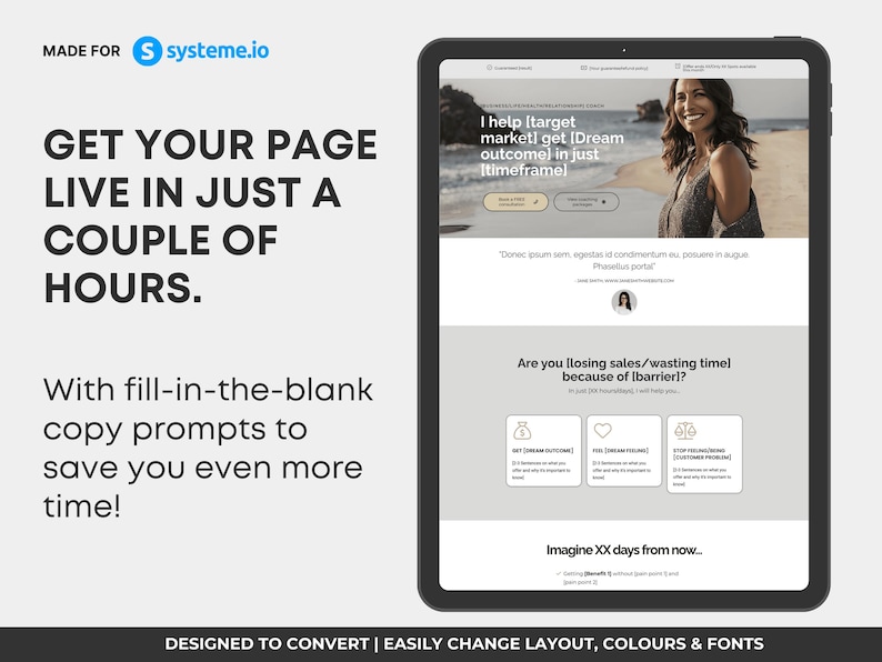 Coaching sales funnel template Systeme.io, neutral grey coach sales page, minimalist coaching template, business coach funnel Systeme.io, consultant landing page, mentor service funnel, modern coach website template, therapist sales funnel, premium grey coaching template, done for you coaching funnel, CRO designed coach sales page, service based business funnel Systeme.io, coach lead form template