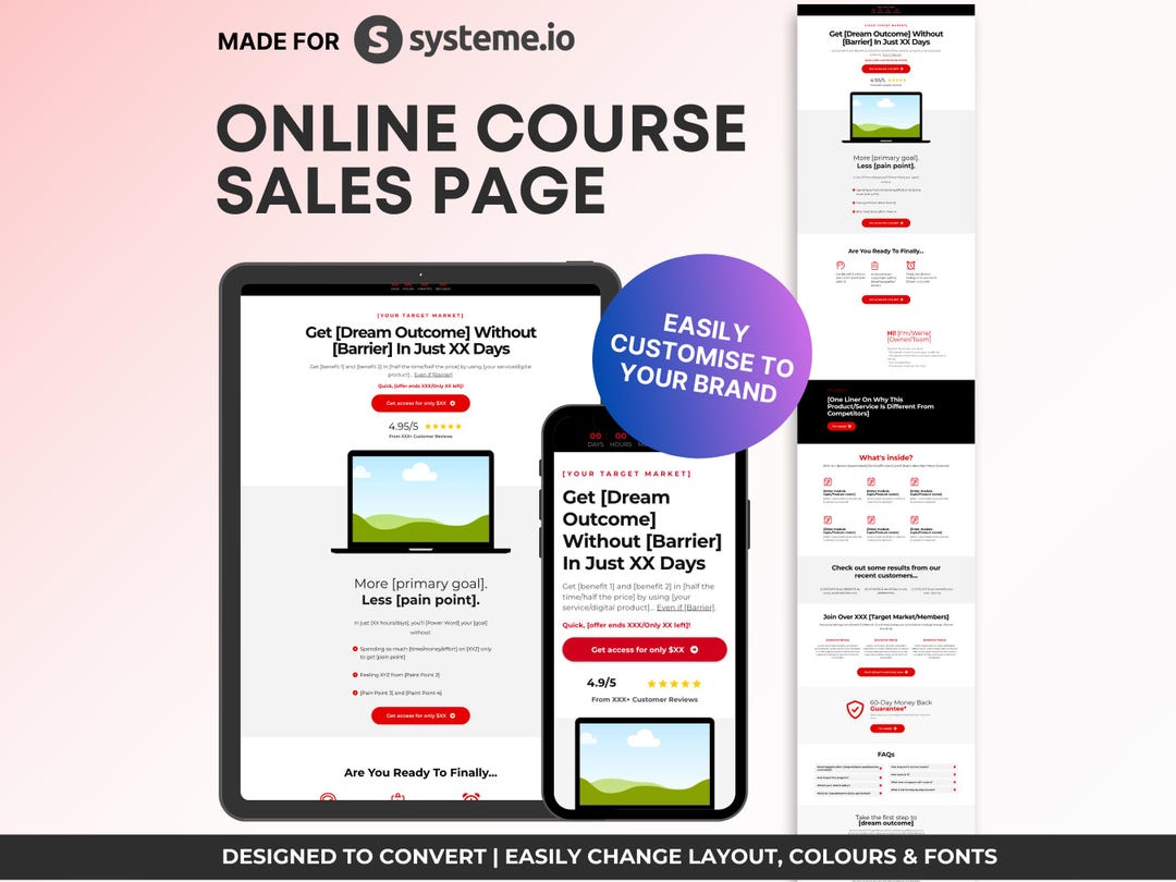 Systeme.io Online Course Sales Page Template, Red Accent - Etsy