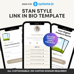 May include: A mockup of a mobile phone screen showing a link in bio template for a digital product. The template includes a free ebook offer, a call to action to get the free ebook, and a section to jump to different links. The template also includes a section for a digital product with a price of $67 or $147. The template is customizable and does not require a custom domain.
