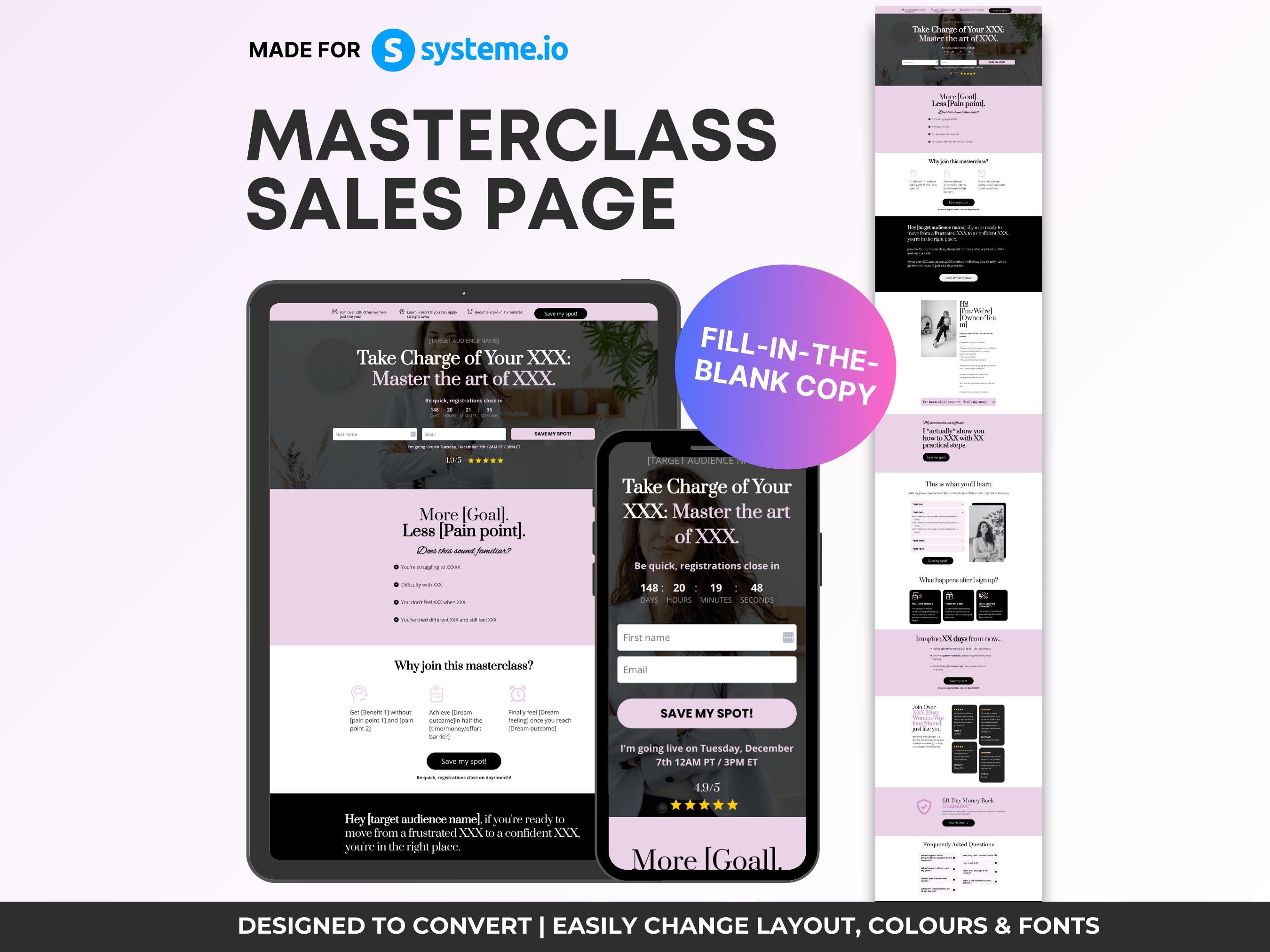 Masterclass Landing Page, Systeme.io Template, Purple Website Sales Page Design, Entrepreneur Web Page, Online Coach Workshop Website