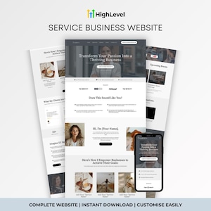 May include: A website design concept with the text "SERVICE BUSINESS WEBSITE" and "HighLevel" logo. The design includes website mockups on a laptop and phone, showcasing a clean, modern layout with images and text. The text reads "Transform Your Passion Into a Thriving Business."
