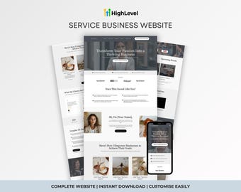 May include: A website design concept with the text "SERVICE BUSINESS WEBSITE" and "HighLevel" logo. The design includes website mockups on a laptop and phone, showcasing a clean, modern layout with images and text. The text reads "Transform Your Passion Into a Thriving Business."
