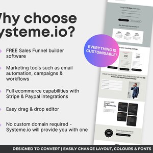 May include: A digital marketing and sales funnel software advertisement. The image features the text "Why choose Systeme.io?" with a list of features. A website mockup is on the right, with the text "Everything is Customisable!" in a purple and pink circle.